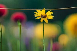 a yellow flower is standing on a wire. AI-Generated photo