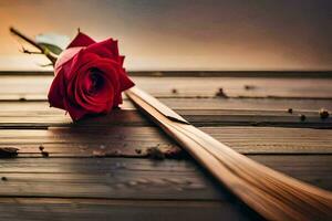 a red rose laying on a wooden table. AI-Generated photo