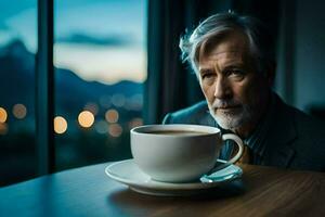 un más viejo hombre sentado a un mesa con un taza de café. generado por ai foto