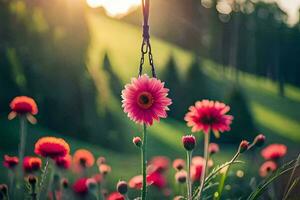 rosado flores en un campo con el Dom brillante. generado por ai foto