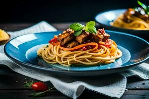 spaghetti with meat and vegetables on a blue plate. AI-Generated photo