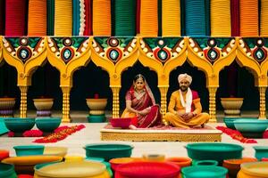 a couple sitting on the floor in front of colorful pots. AI-Generated photo