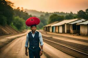a man wearing a red hat on his head walking down a road. AI-Generated photo