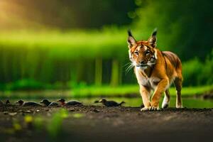 a lynx walking across the ground near a pond. AI-Generated photo