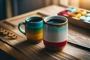 two coffee cups on a wooden table. AI-Generated photo