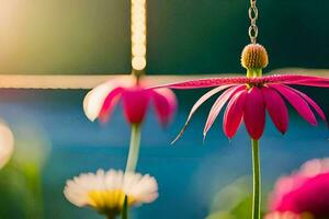 pink flower hanging from a string in the sun. AI-Generated photo