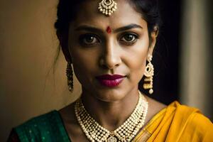 a woman wearing a traditional sari and jewelry. AI-Generated photo