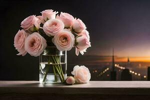 rosado rosas en un florero en un mesa con un ciudad vista. generado por ai foto