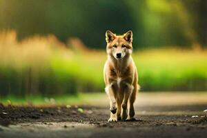 a dog walking on a road in the middle of a field. AI-Generated photo