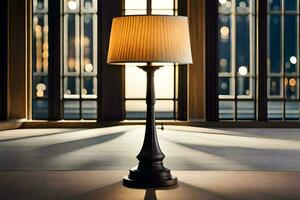 a lamp is sitting on a table in front of a window. AI-Generated photo