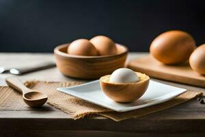 an egg in a shell on a wooden table. AI-Generated photo