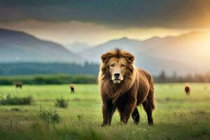 un león es caminando en el césped con montañas en el antecedentes. generado por ai foto