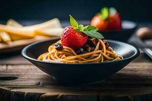 spaghetti with a strawberry and a slice of cheese. AI-Generated photo