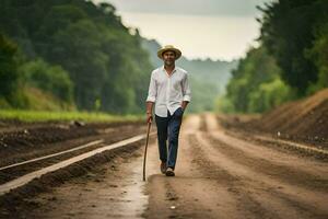 a man in a hat walking down a dirt road. AI-Generated photo