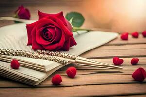 a red rose and pen on a wooden table. AI-Generated photo