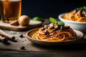 spaghetti with meat and vegetables on a wooden table. AI-Generated photo