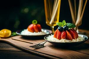 two plates with strawberries and blueberries on them. AI-Generated photo