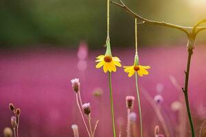 two yellow flowers hanging from a branch in a field. AI-Generated photo