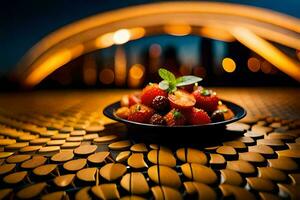a bowl of fruit sits on a table in front of a city skyline. AI-Generated photo