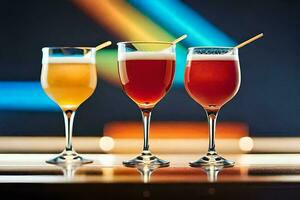 three glasses of different colored drinks on a bar. AI-Generated photo