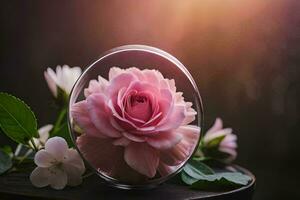 pink roses in a glass jar on a table. AI-Generated photo