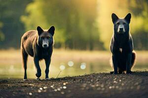 two black dogs standing next to each other by a lake. AI-Generated photo