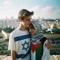 Young Couple in Love Symbol of Peace and Reconciliation in Jerusalem. Generative AI. photo