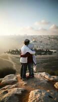 Symbol of Peace Jewish and Palestinian Friends in Jerusalem. Generative ai photo