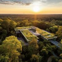 Sustainable Building with Green Roof Basking in Sunrise Light   generative AI photo