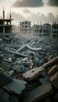 solitario hombre en devastado por la guerra árabe ciudad. generativo ai foto
