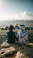 Symbol of Peace Jewish and Palestinian Friends in Jerusalem. Generative ai photo