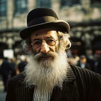ortodoxo judío hombre, vestido en negro, vistiendo un largo barba y un sombrero generativo ai foto