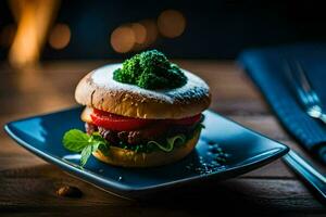 a hamburger on a plate with broccoli. AI-Generated photo