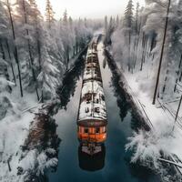 aéreo ver de tren en Nevado invierno bosque. generativo ai. foto