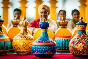 a group of people in indian attire are sitting around a table with colorful vases. AI-Generated photo