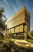 Eco Friendly Building Bathed in Golden Sunlight   generative AI photo