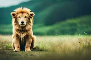 un león sentado en el césped. generado por ai foto