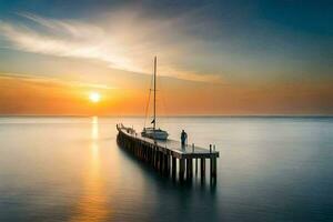 a man stands on a pier at sunset. AI-Generated photo