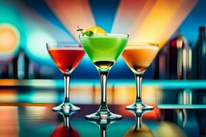 three different colored cocktails on a bar counter. AI-Generated photo