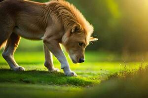 un perro caminando en césped en el Dom. generado por ai foto