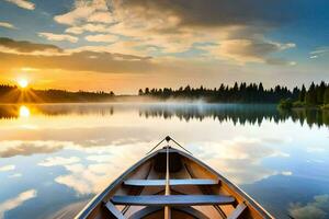 un canoa es en el agua a puesta de sol. generado por ai foto