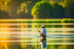 un hombre en un sombrero es pescar en un lago. generado por ai foto