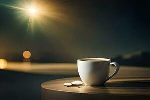 a cup of coffee on a table in front of a bright light. AI-Generated photo