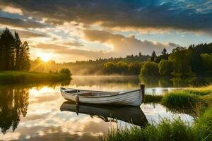 un barco en el lago a puesta de sol. generado por ai foto