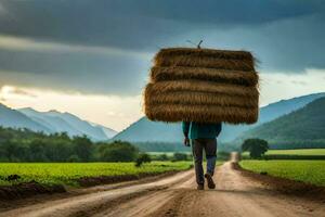 a man carrying a load of hay on his back down a dirt road. AI-Generated photo