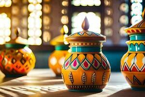 colorful vases on a table with sunlight shining through them. AI-Generated photo