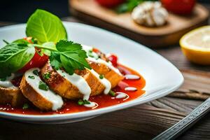 a plate of food with chicken and tomatoes. AI-Generated photo