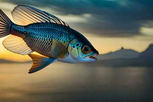 un pescado es volador terminado el Oceano a puesta de sol. generado por ai foto