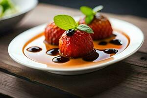 two strawberries on a plate with sauce and a salad. AI-Generated photo