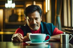 a man sitting at a table with a cup of coffee. AI-Generated photo